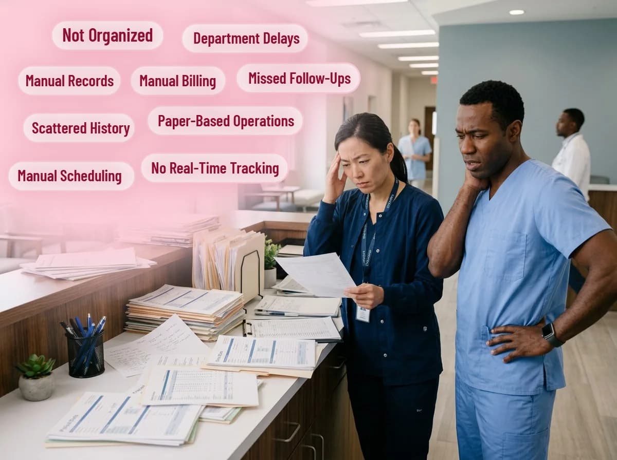 Why Hospitals Choose ClinicDots - Without ClinicDots: Paper-based records, delays, and manual scheduling