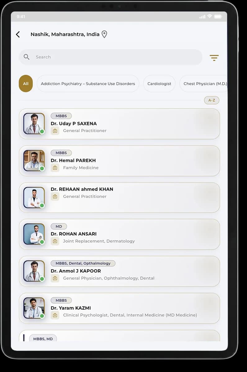 Find Doctors & Medical Specialists Tab Screen