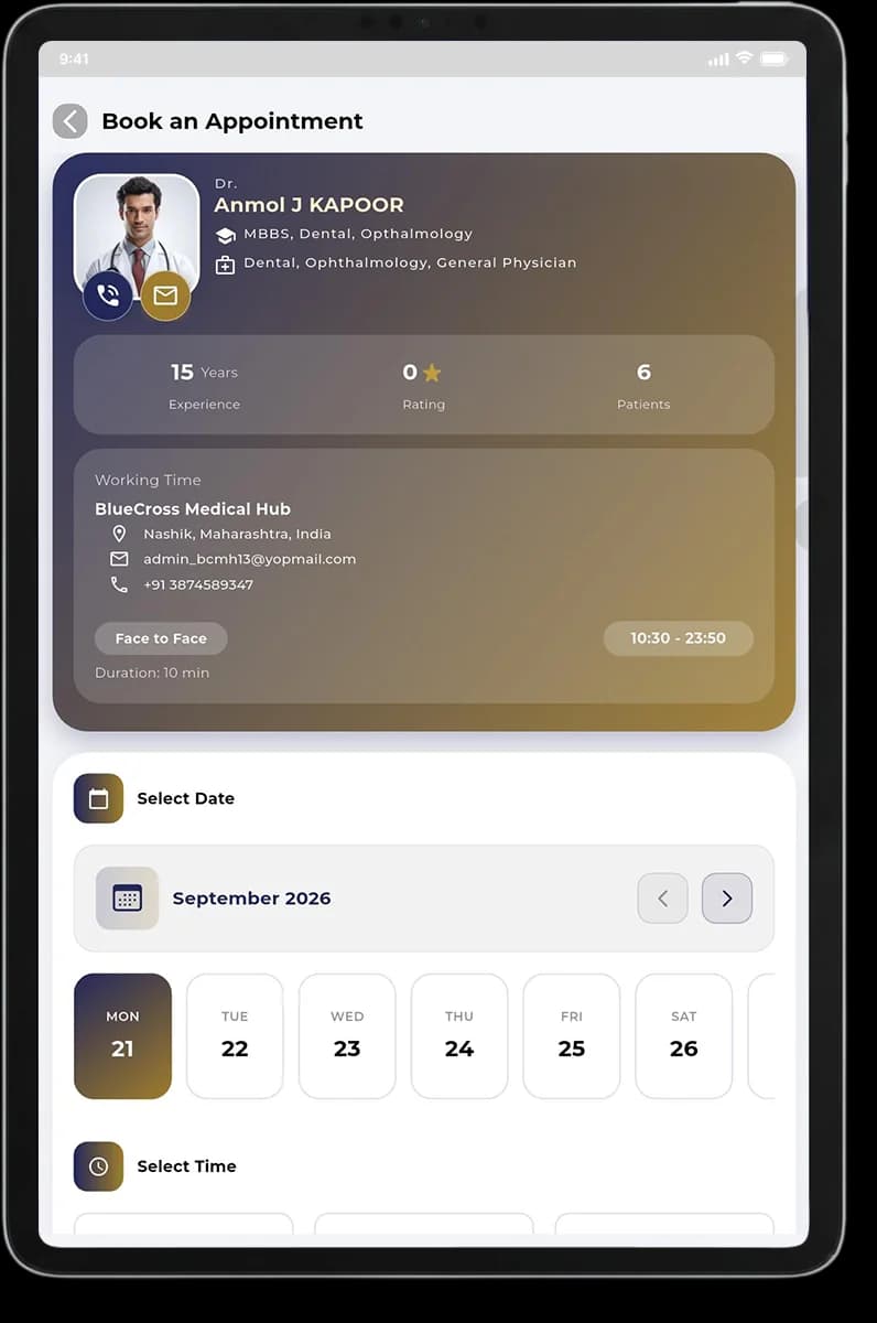 Doctor Appointment Booking & Schedule Selection Tab Screen